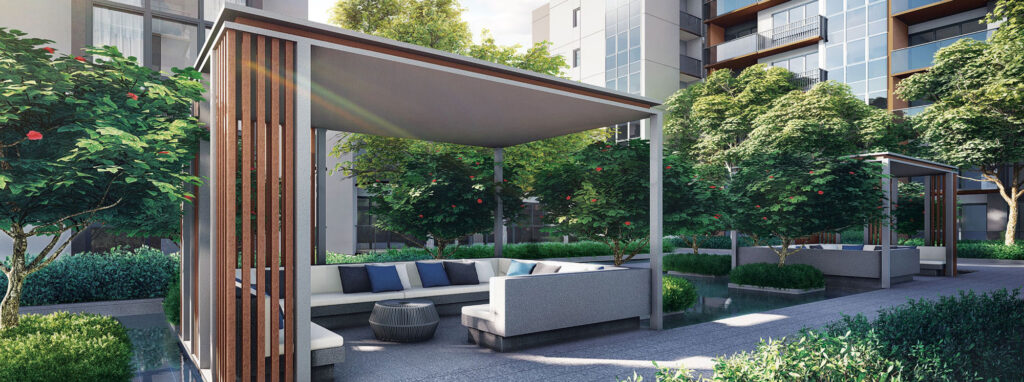 Rendering of outdoor bbq space at the Continuum